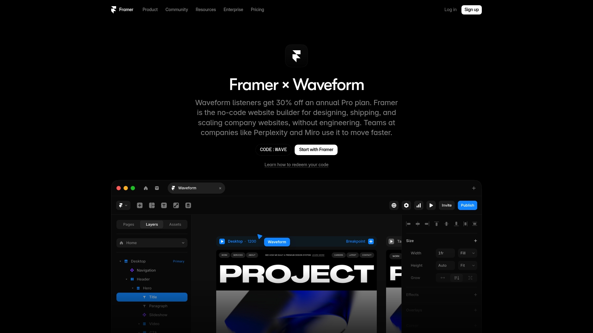 Framer sponsor landing page advertised on Waveform: The MKBHD Podcast