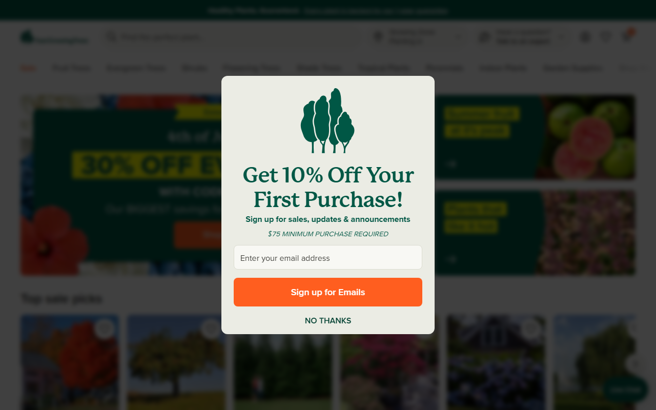 Fast Growing Trees sponsor landing page advertised on Lovett or Leave It