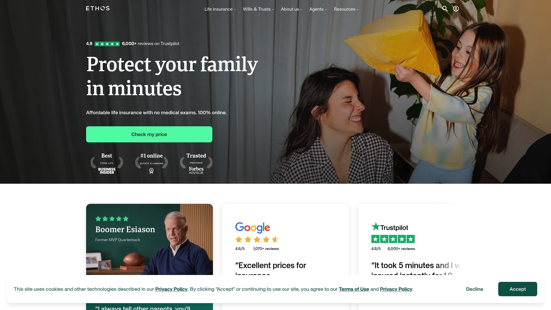 Ethos Life Insurance sponsor landing page advertised on The President's Daily Brief