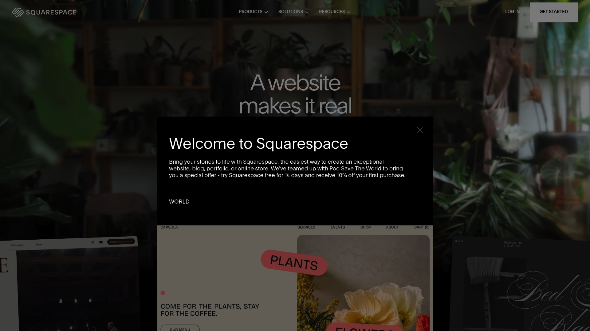Squarespace sponsor landing page advertised on Pod Save the World