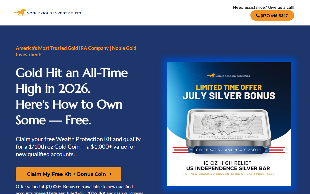 Noble Gold Investments sponsor landing page advertised on The Charlie Kirk Show