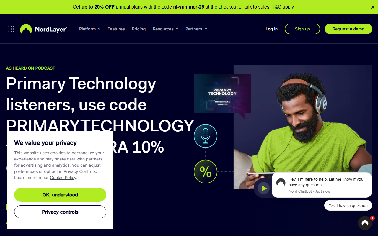 NordLayer sponsor landing page advertised on Primary Technology