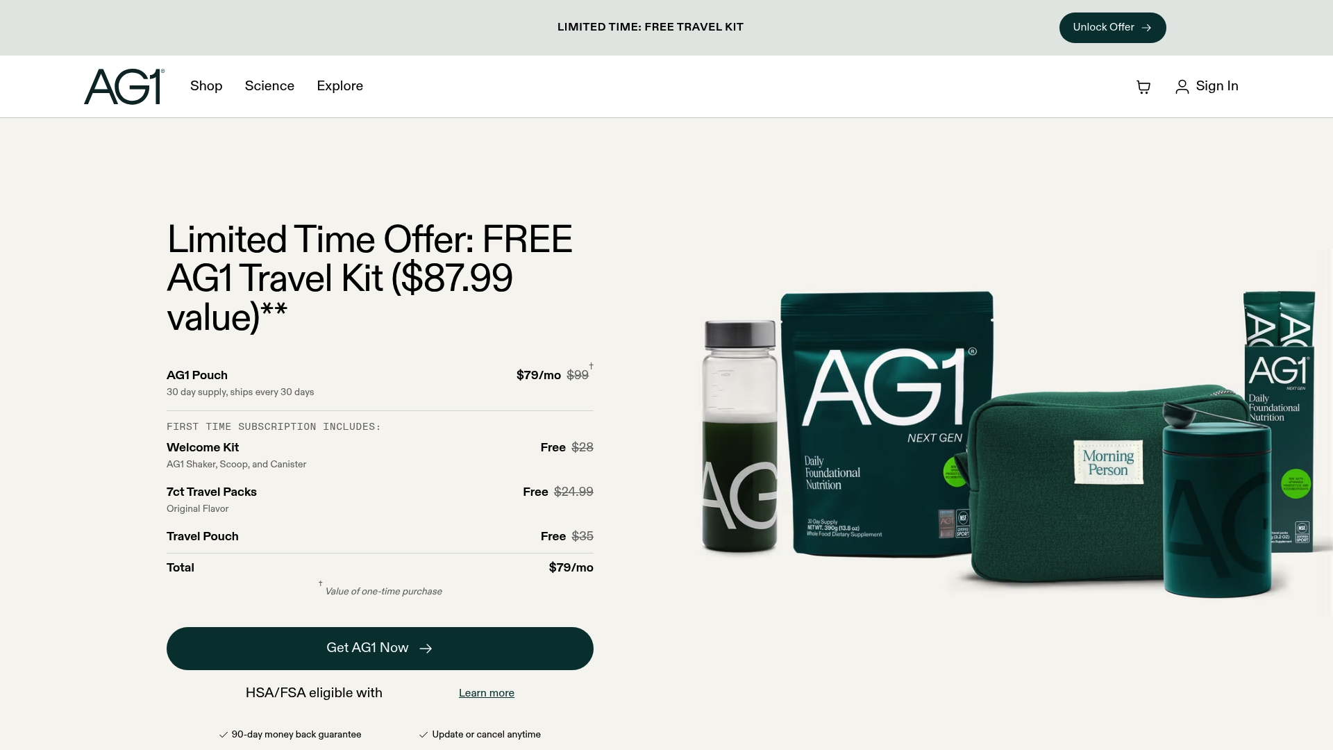 AG1 sponsor landing page advertised on Timesuck with Dan Cummins