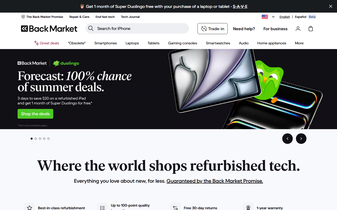 Backmarket sponsor landing page advertised on The Intelligence from The Economist