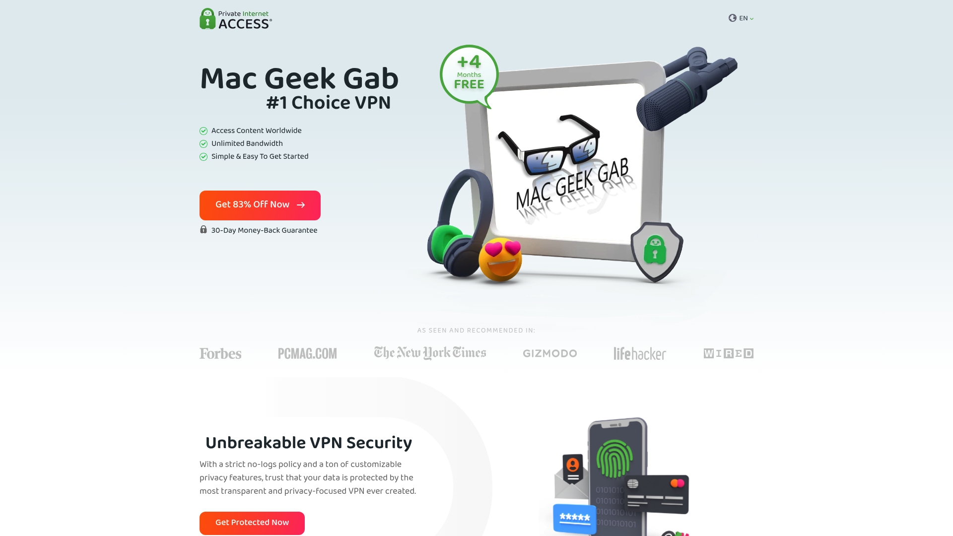 Private Internet Access sponsor landing page advertised on Mac Geek Gab — Apple Tips, Tricks, and Troubleshooting
