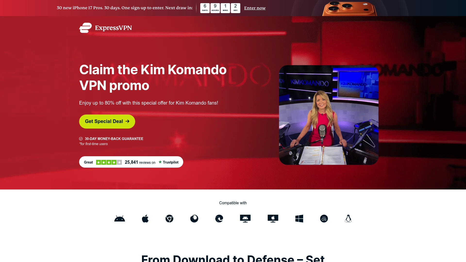 ExpressVPN sponsor landing page advertised on Kim Komando Daily Tech Update