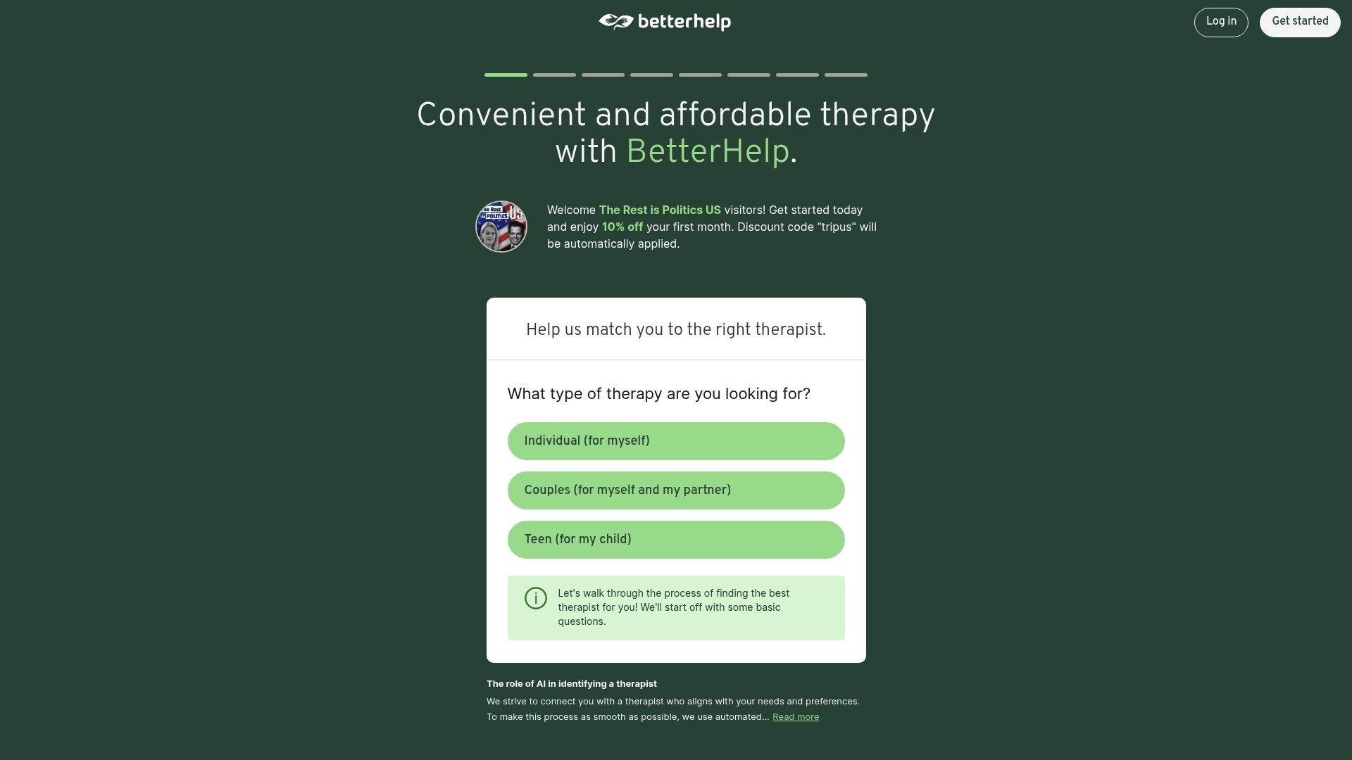 BetterHelp sponsor landing page advertised on The Rest Is Politics: US