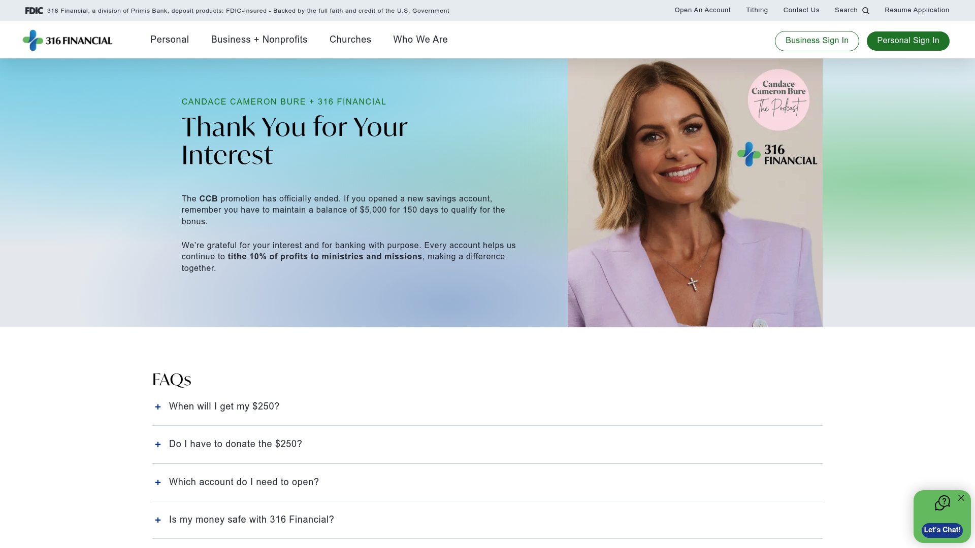 316 Financial sponsor landing page advertised on The Candace Cameron Bure Podcast