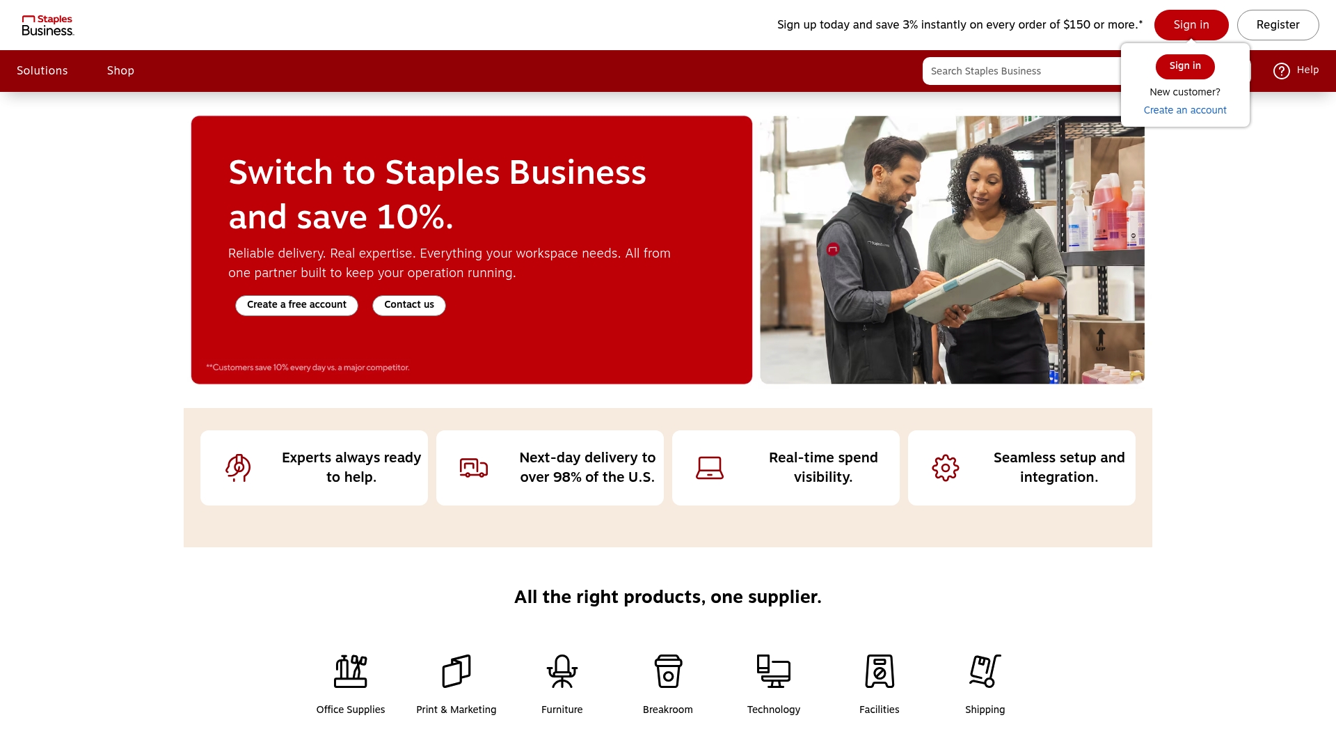 Staples Business sponsor landing page advertised on Coffee House Shots