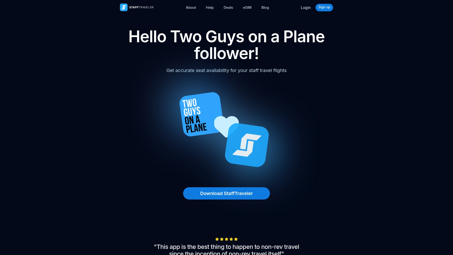 Staff Traveler sponsor landing page advertised on Two Guys on a Plane