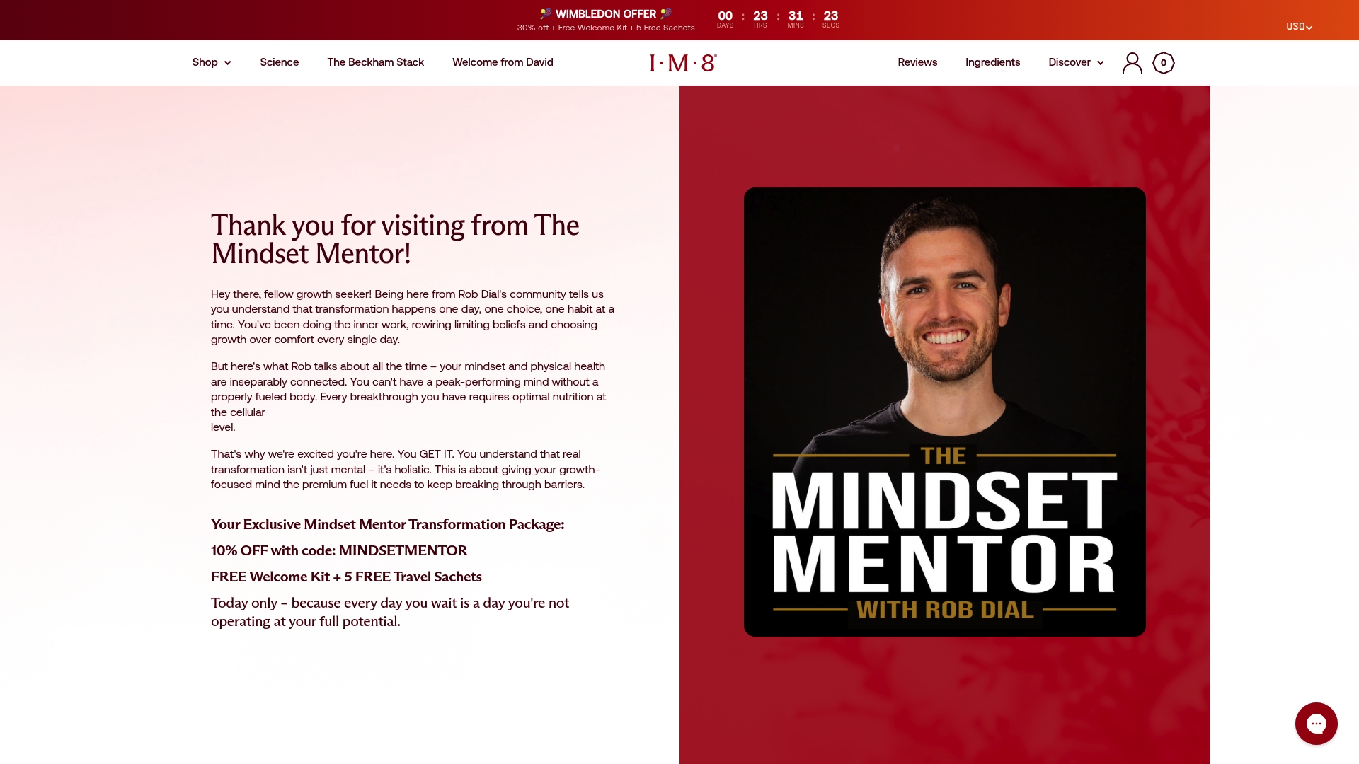 IM8 sponsor landing page advertised on The Mindset Mentor