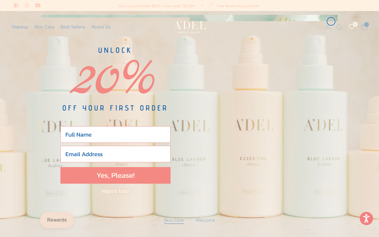 Adele Natural Cosmetics sponsor landing page advertised on The Spillover with Alex Clark