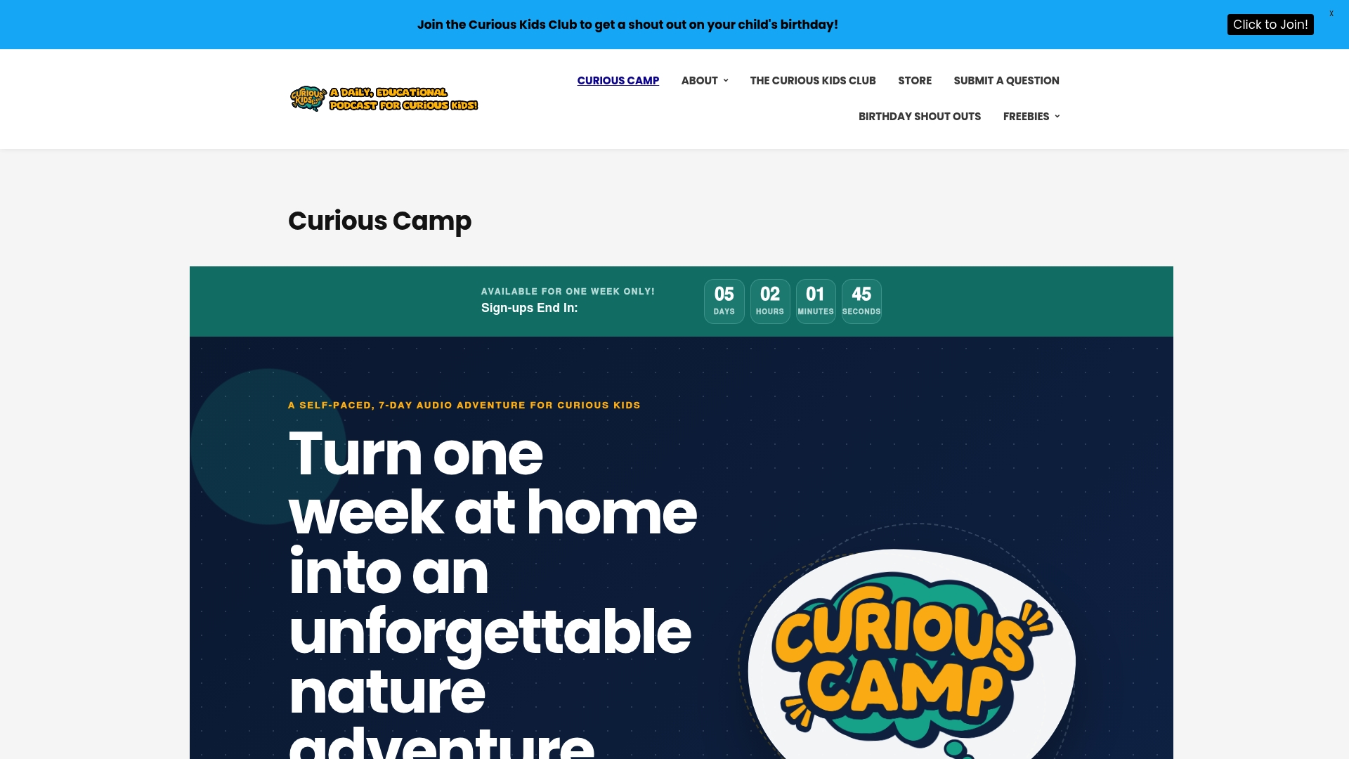 Curious Camp sponsor landing page advertised on Curious Kids Everyday
