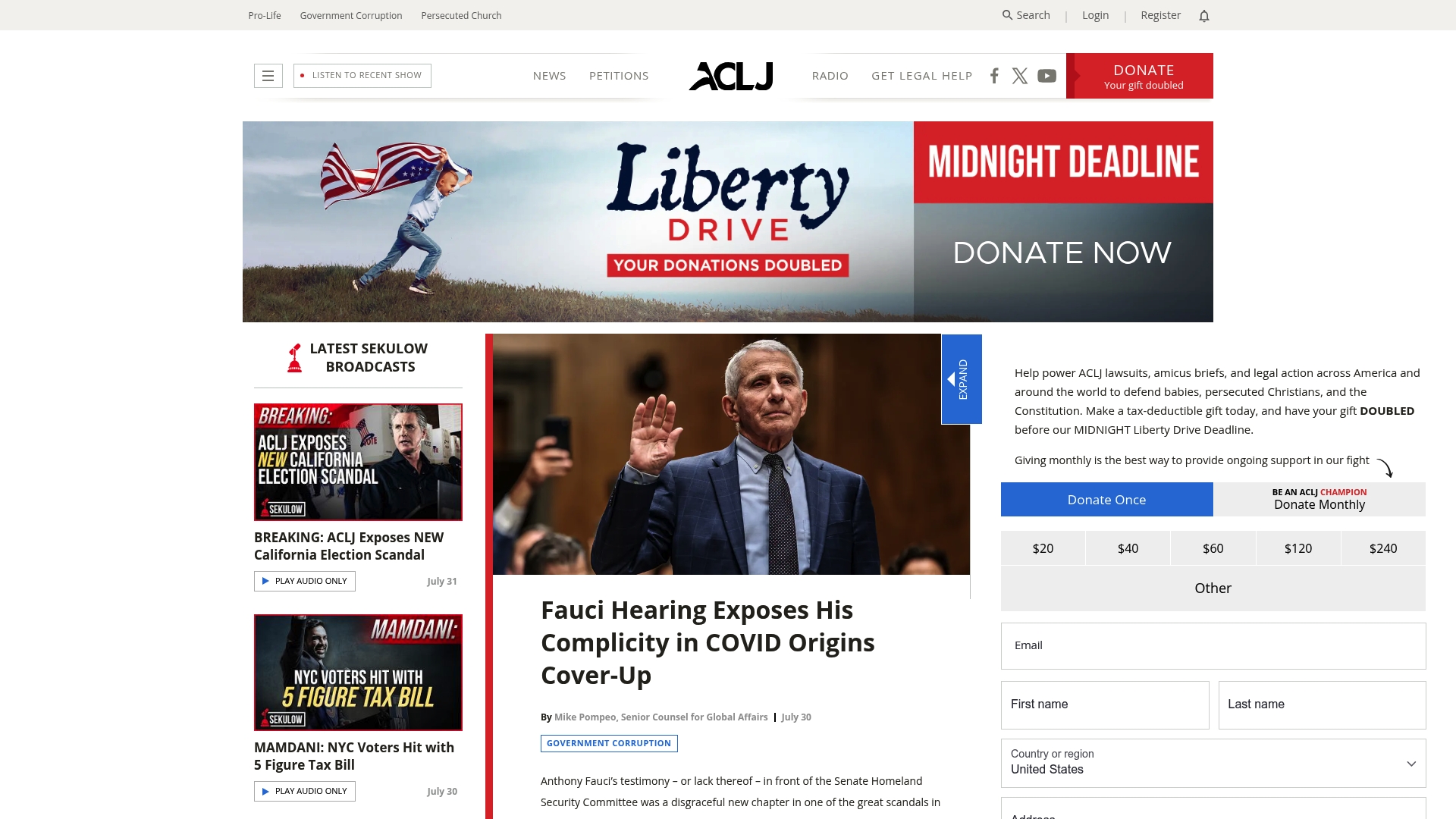 ACLJ sponsor landing page advertised on Sekulow