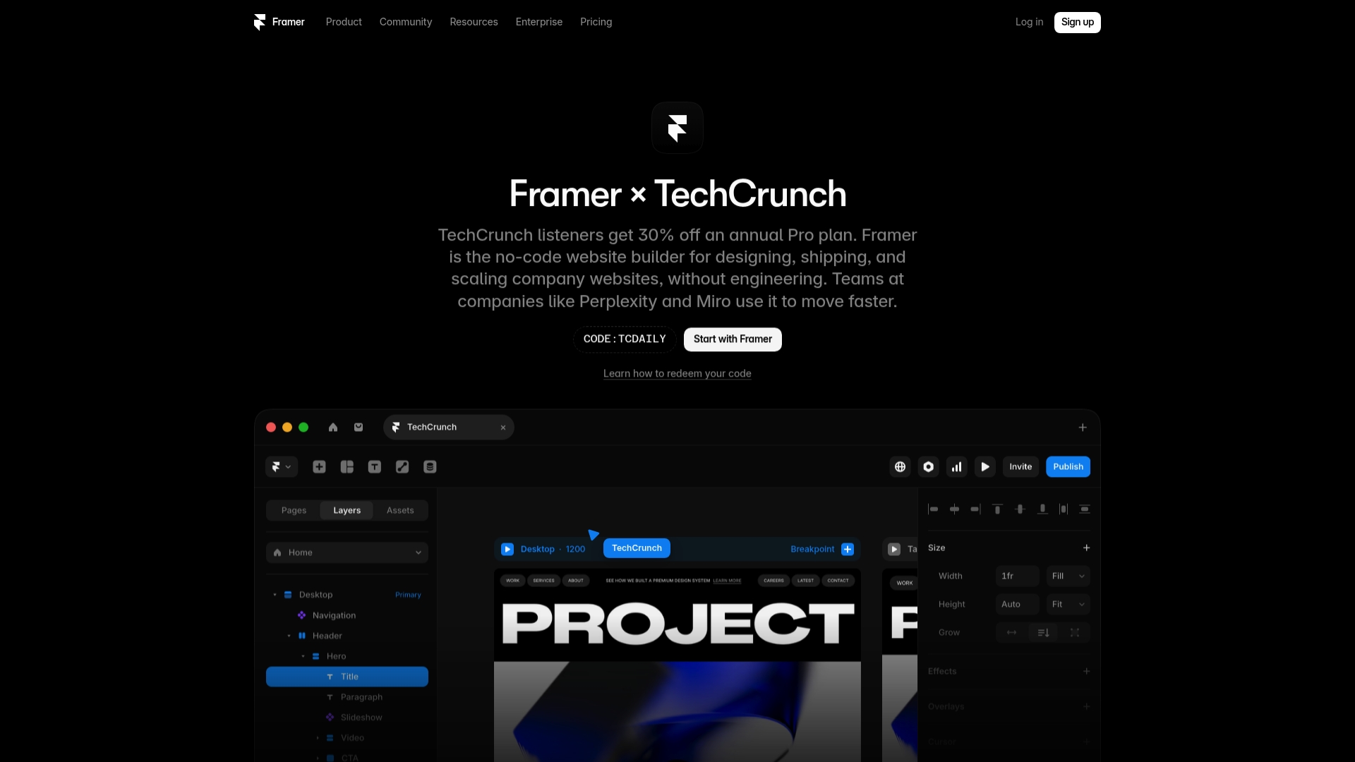 Framer sponsor landing page advertised on TechCrunch Daily Crunch