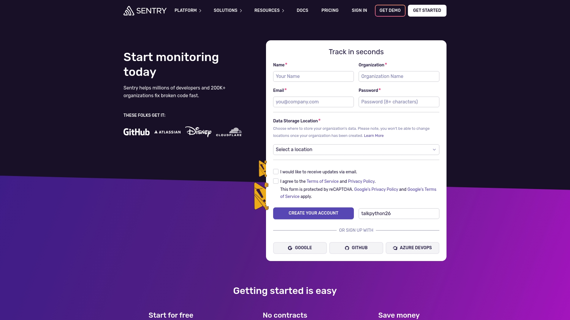 Sentry sponsor landing page advertised on Talk Python To Me