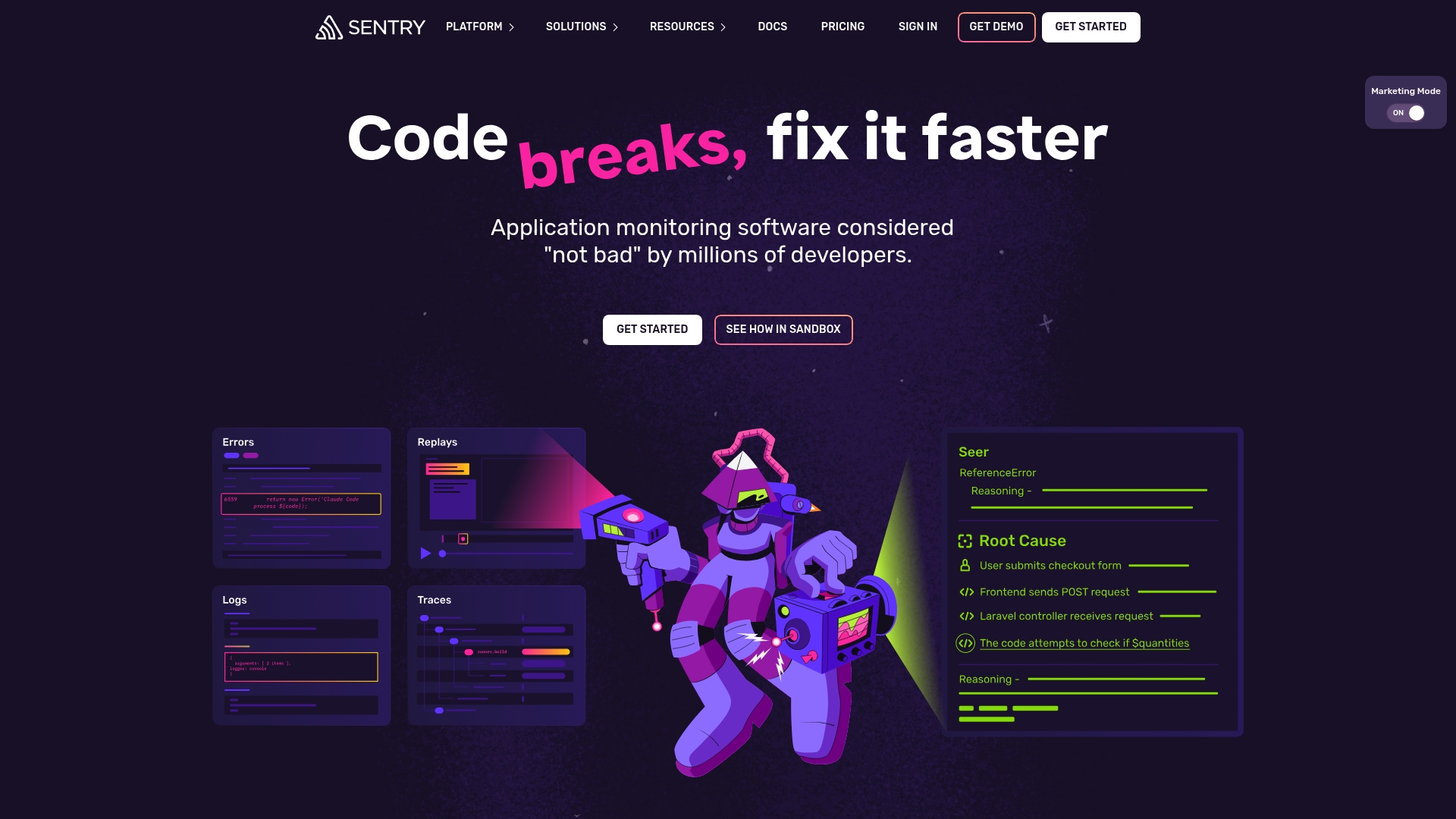 Sentry sponsor landing page advertised on Stuff To Blow Your Mind