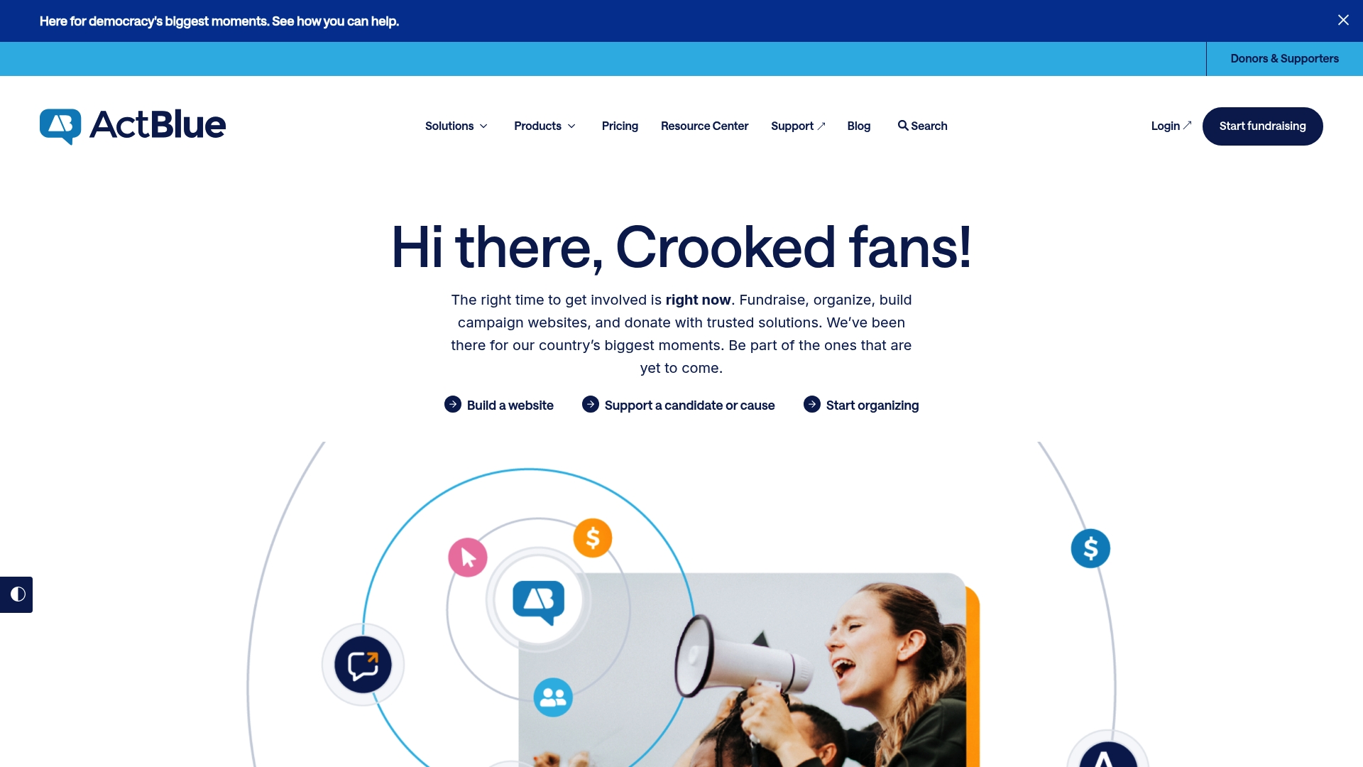 ActBlue sponsor landing page advertised on The Wilderness