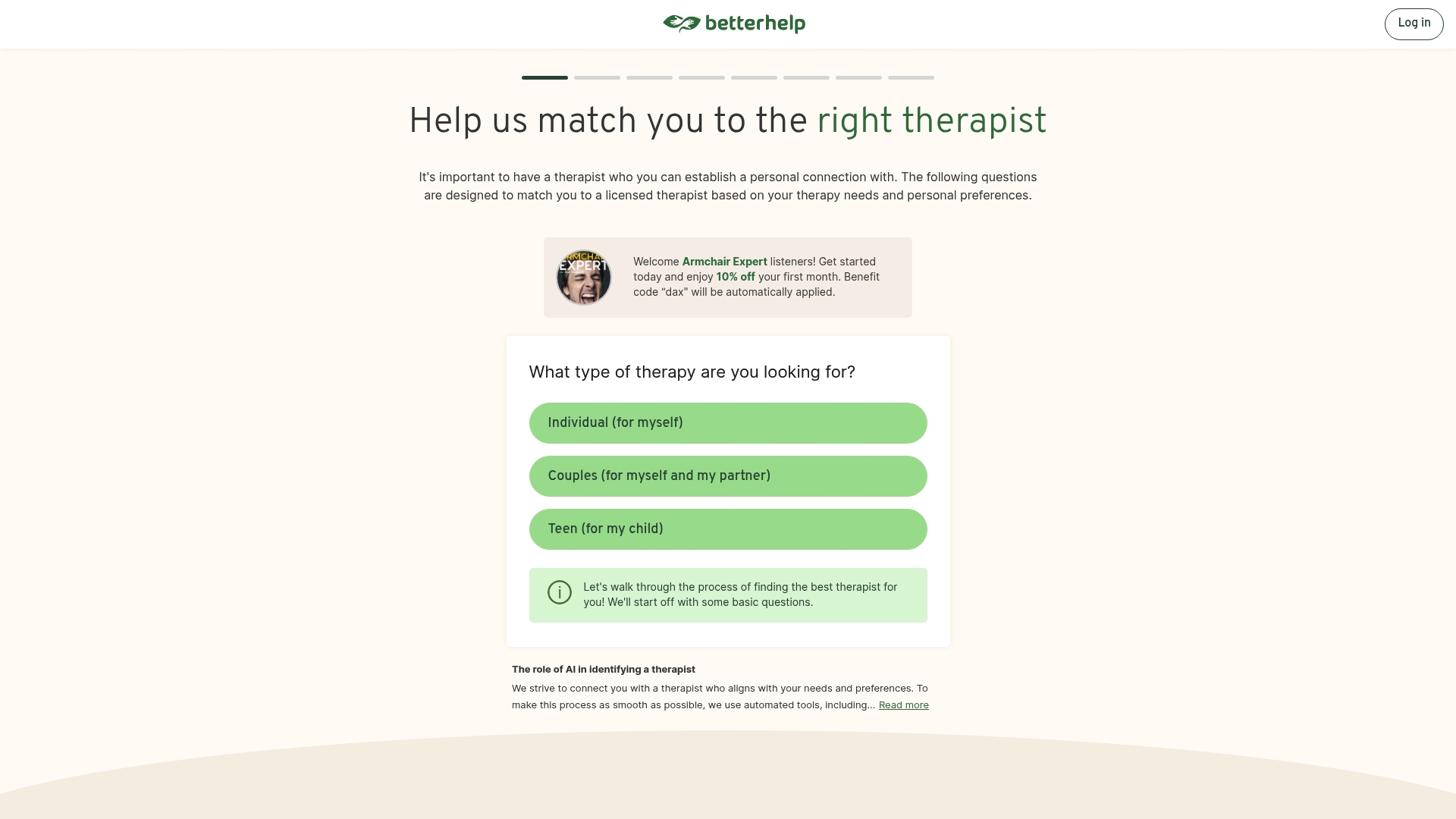 BetterHelp sponsor landing page advertised on Armchair Expert with Dax Shepard
