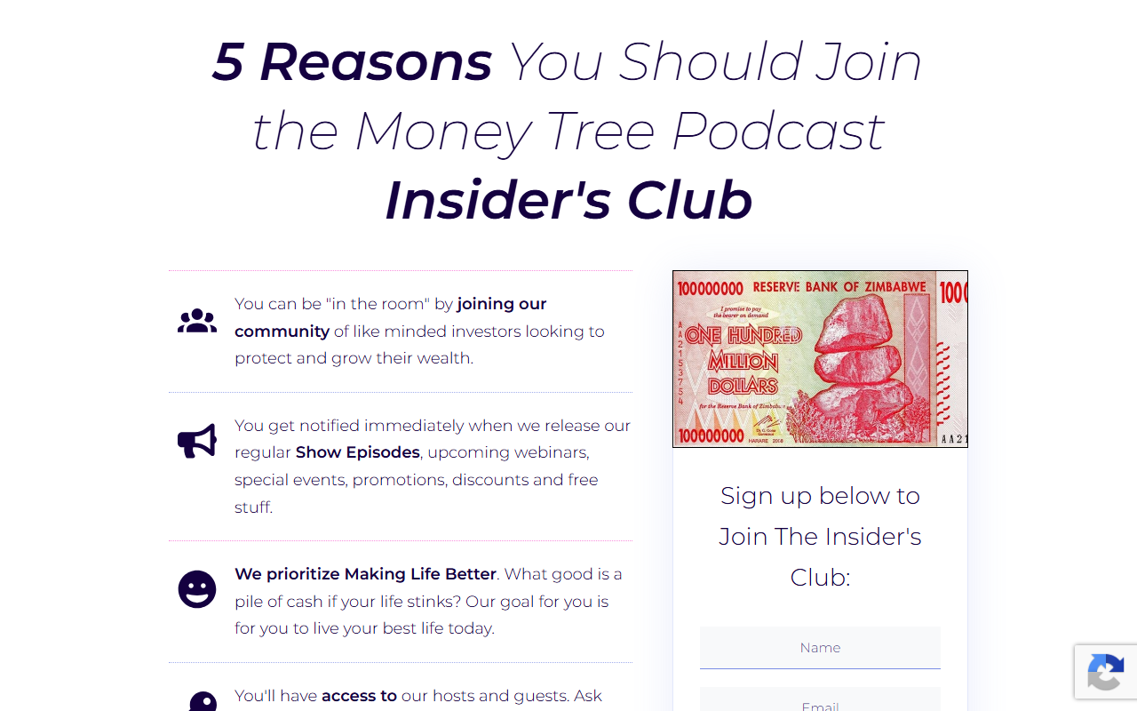 Money Tree Podcast sponsor landing page advertised on Money Tree Investing
