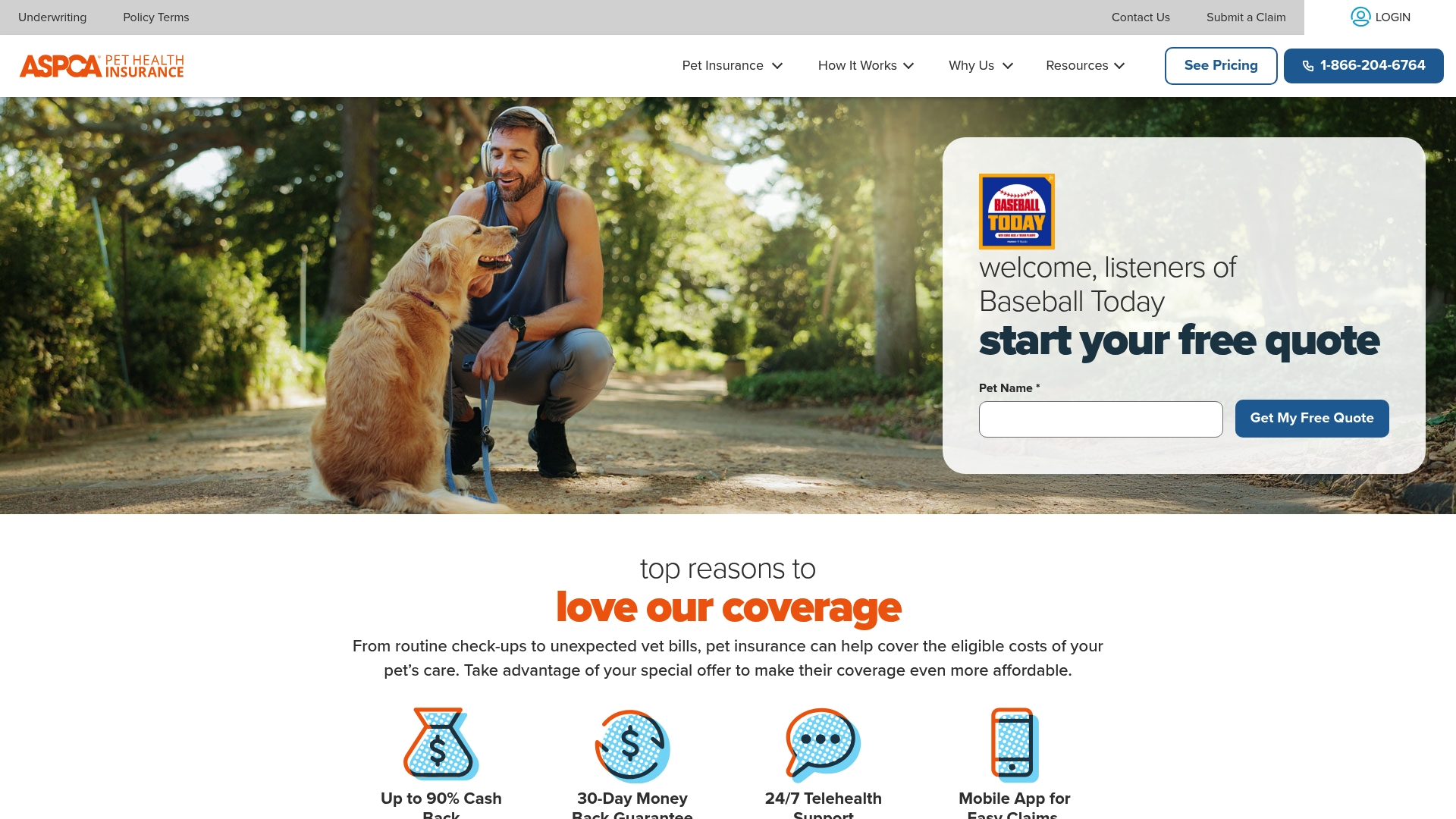 ASPCA Pet Health Insurance sponsor landing page advertised on Baseball Today