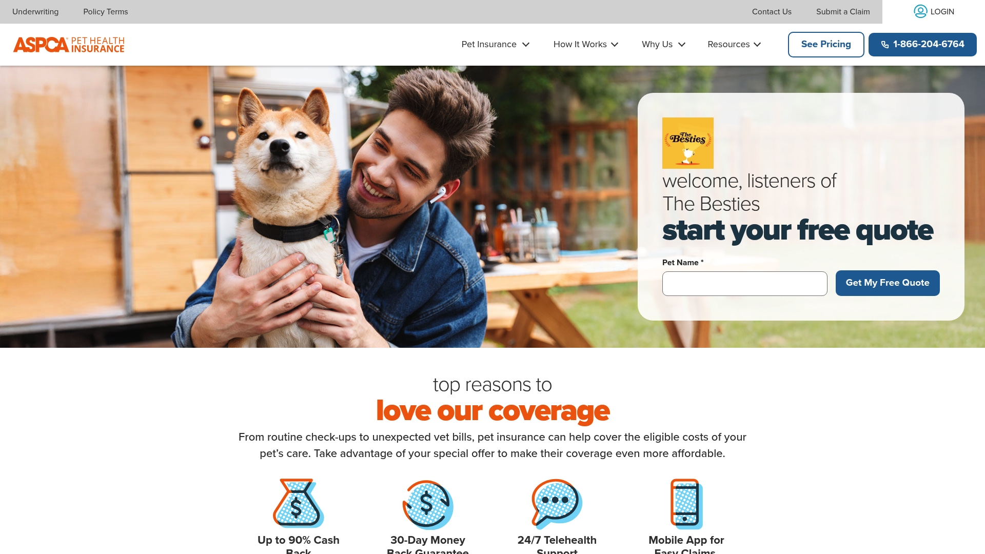 ASPCA Pet Health Insurance sponsor landing page advertised on The Besties