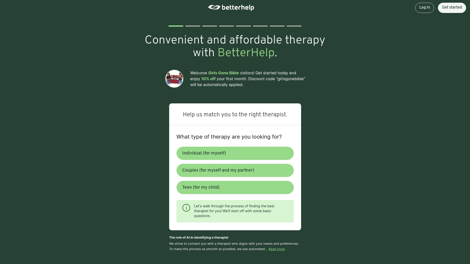 BetterHelp sponsor landing page advertised on Girls Gone Bible