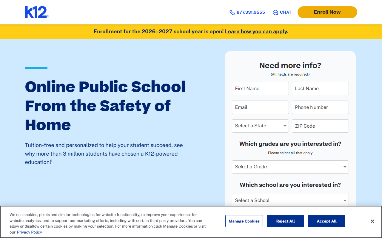 K-12 Powered Schools sponsor landing page advertised on Moms and Mysteries: A True Crime Podcast