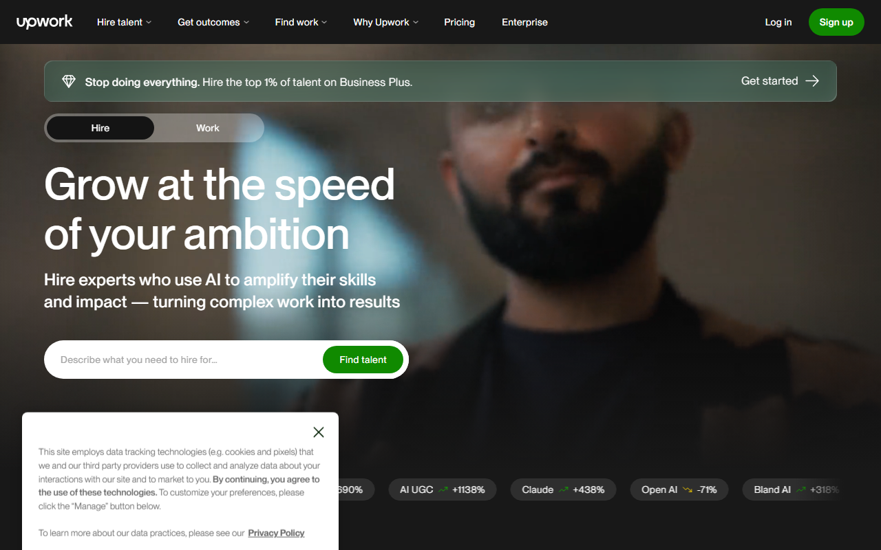 Upwork sponsor landing page advertised on Think Fast, Talk Smart: Communication Techniques