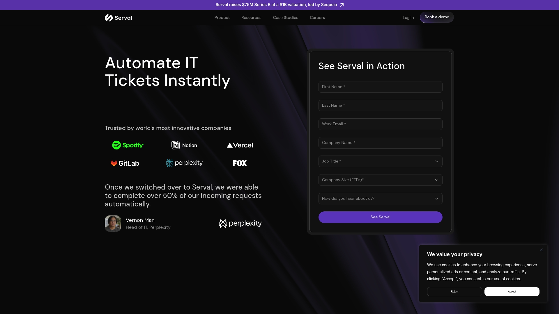 Serval sponsor landing page advertised on Monsters Among Us
