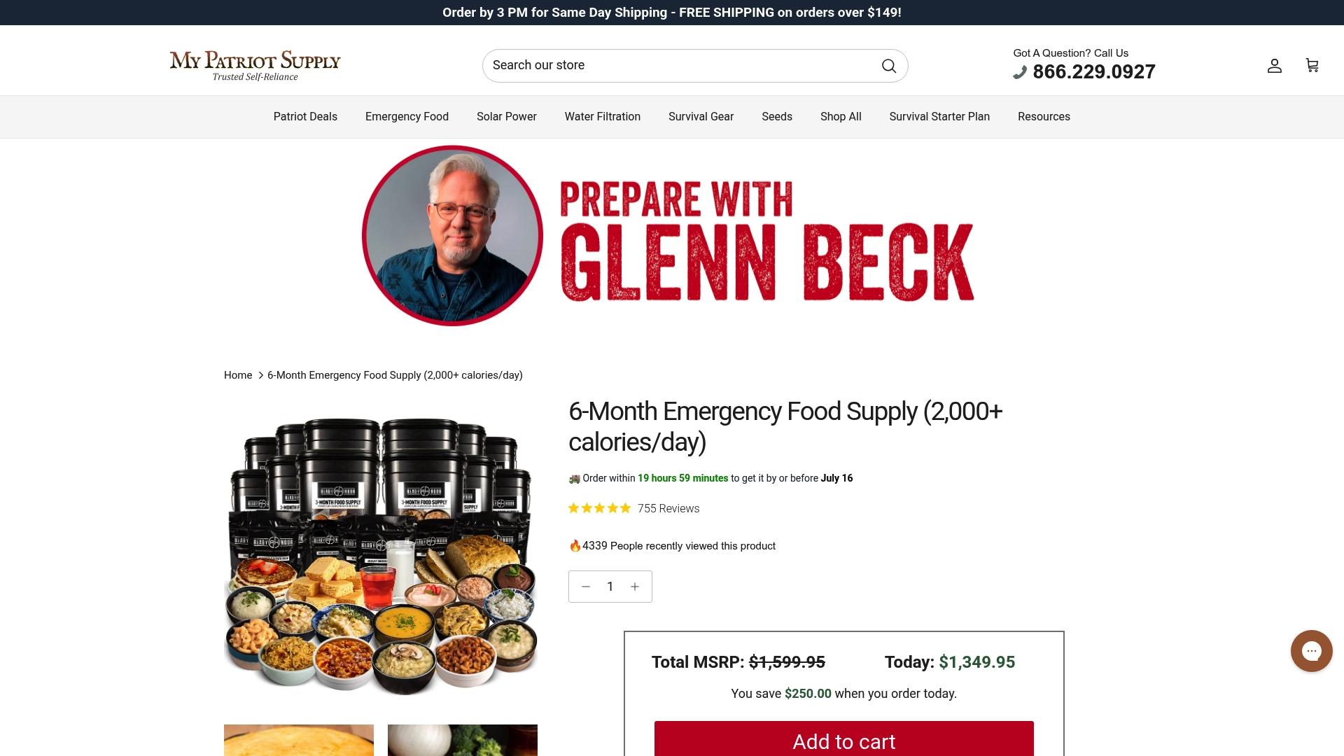 My Patriot Supply sponsor landing page advertised on The Glenn Beck Program
