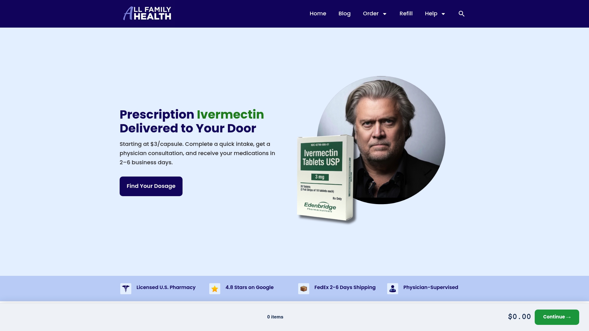 All Family Pharmacy sponsor landing page advertised on Bannon`s War Room