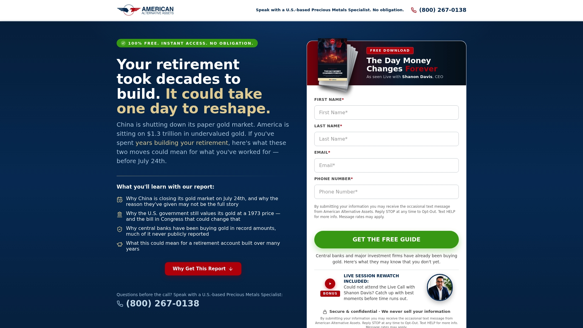 American Alternative Assets sponsor landing page advertised on John Kiriakou's Briefing Room