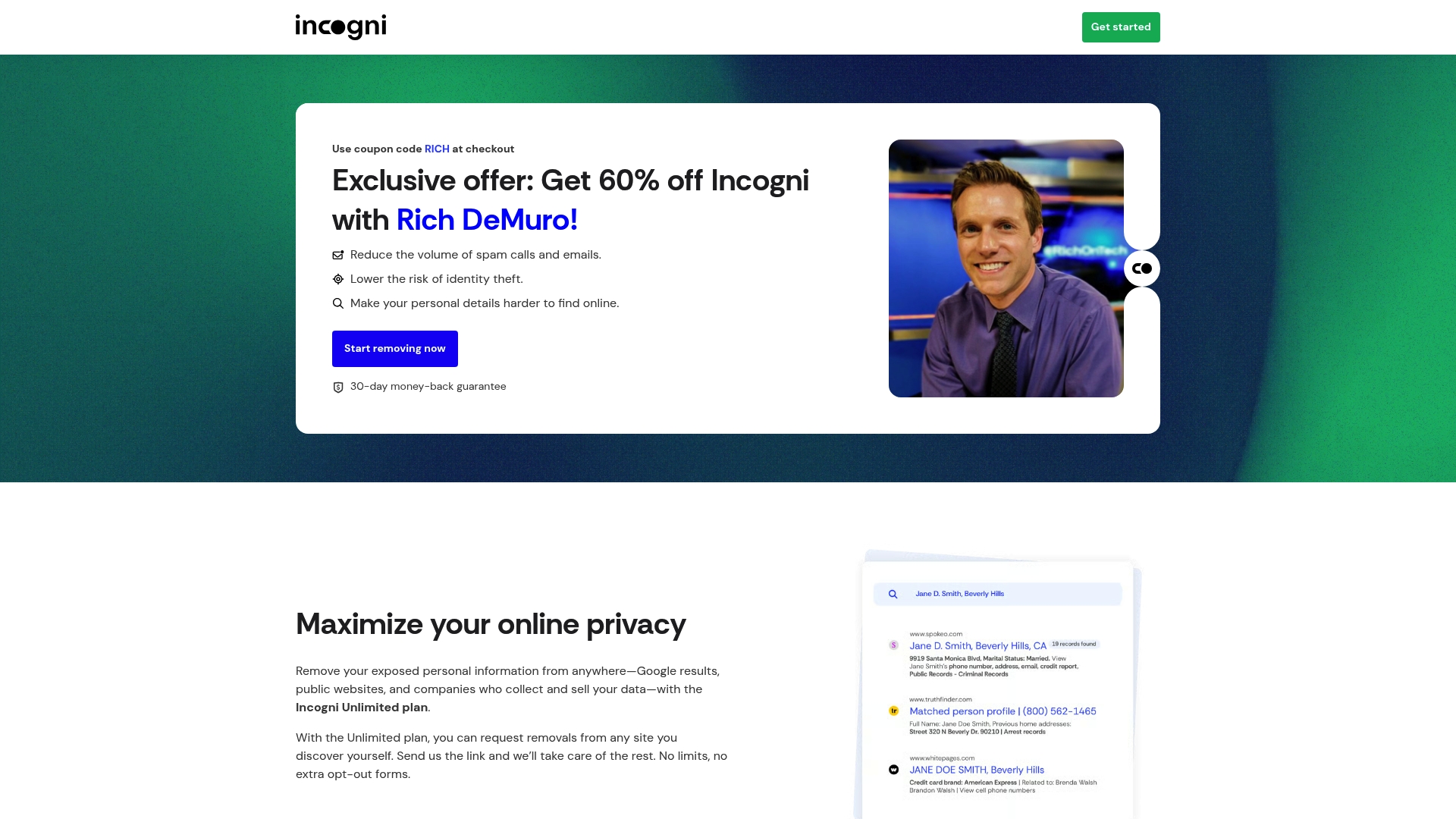 Incogni sponsor landing page advertised on Rich On Tech