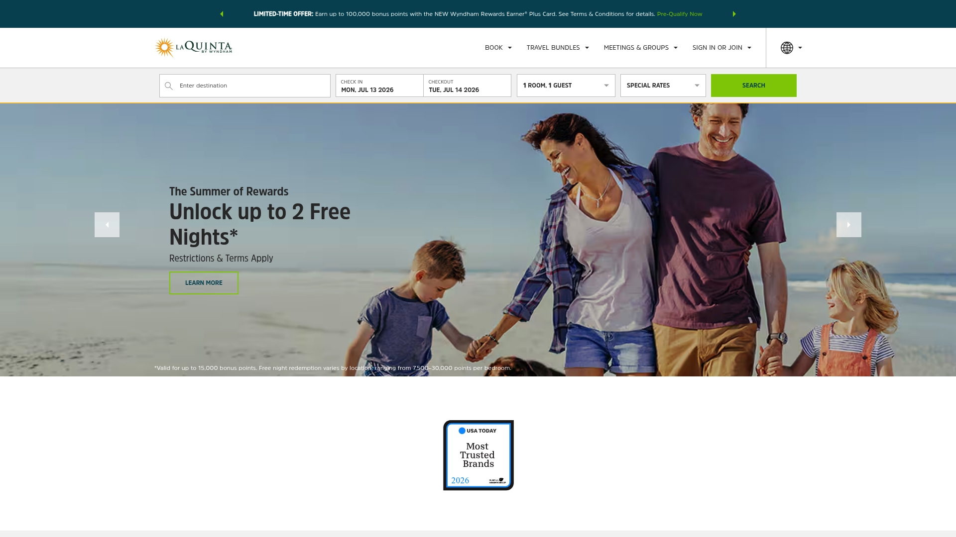 La Quinta by Wyndham sponsor landing page advertised on Get Up