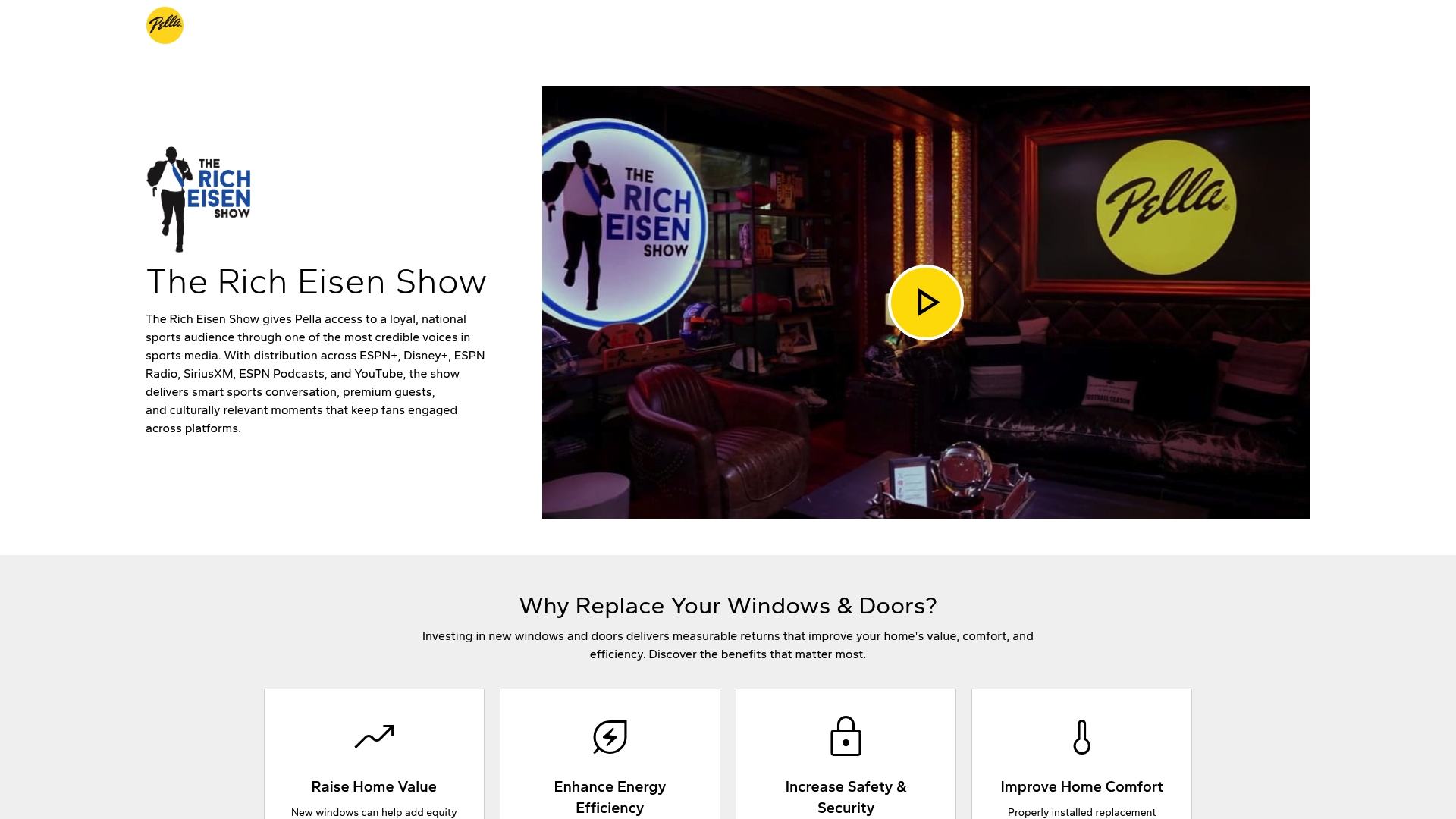 Pella Windows and Doors sponsor landing page advertised on The Rich Eisen Show