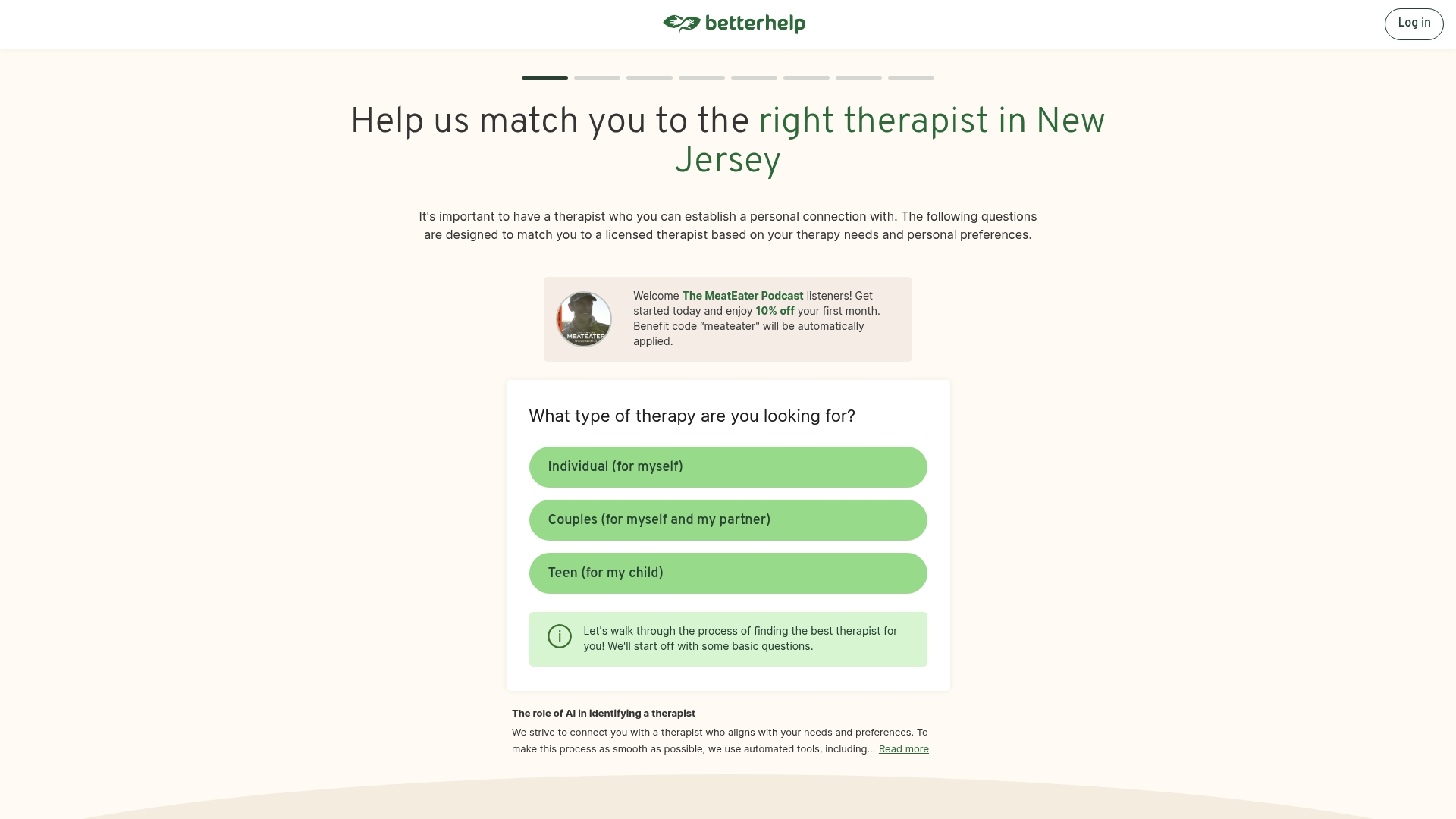 BetterHelp sponsor landing page advertised on The MeatEater Podcast