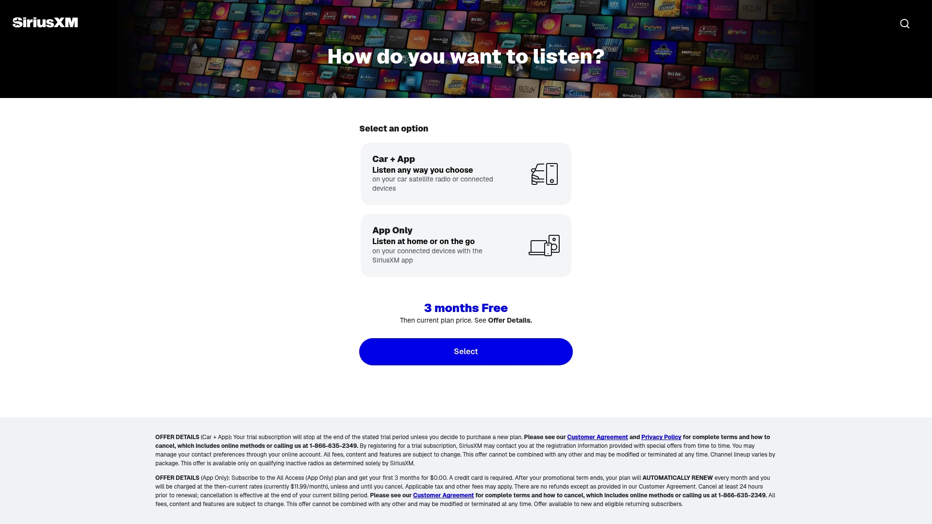 SiriusXM sponsor landing page advertised on Busted Open