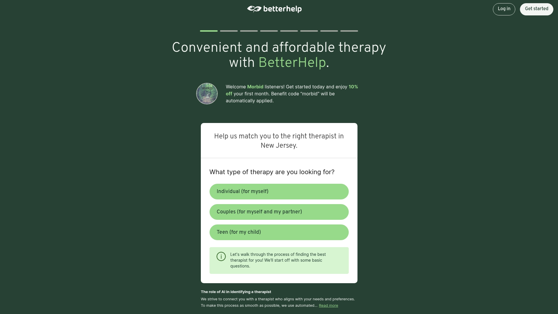 BetterHelp sponsor landing page advertised on Morbid
