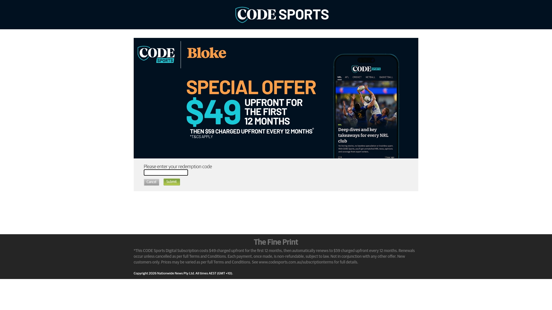 Code Sports sponsor landing page advertised on Bloke In A Bar