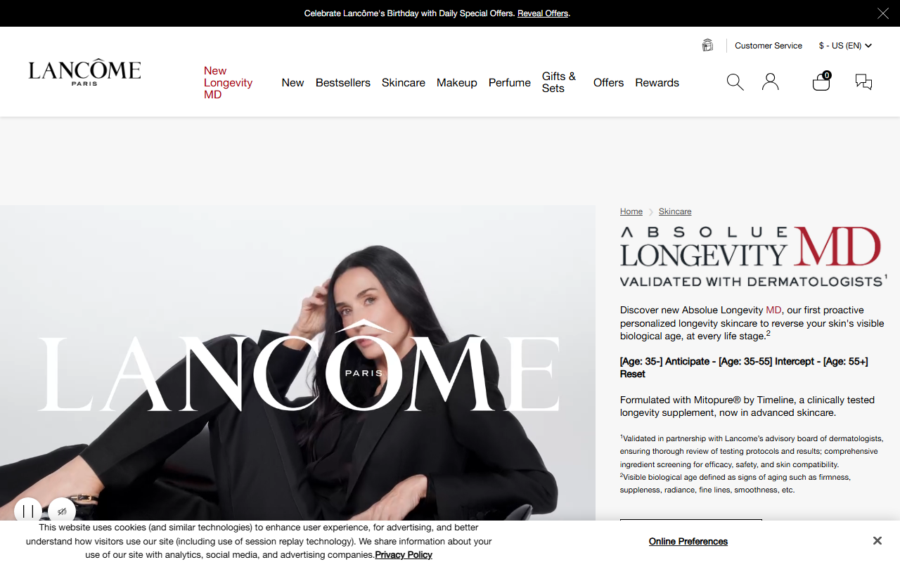 Lancôme Absolue Longevity MD sponsor landing page advertised on Modern Love