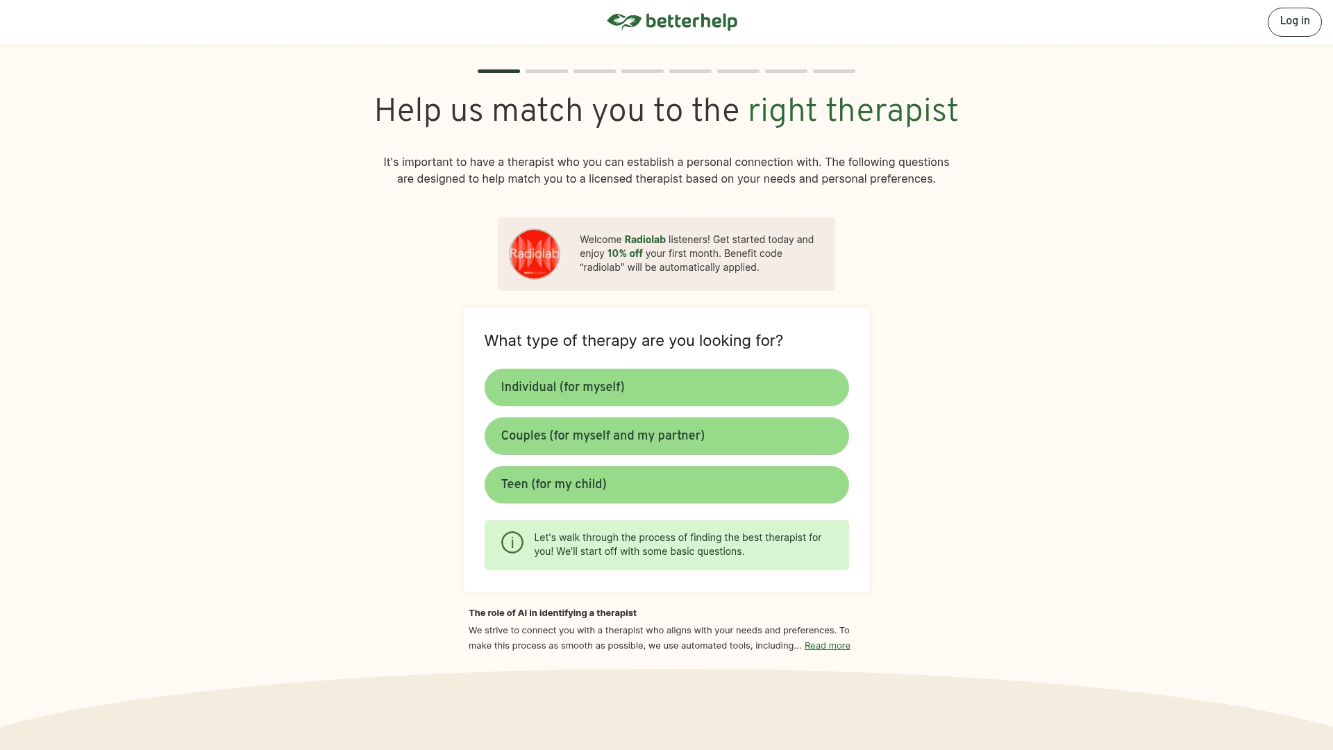 BetterHelp sponsor landing page advertised on Radiolab