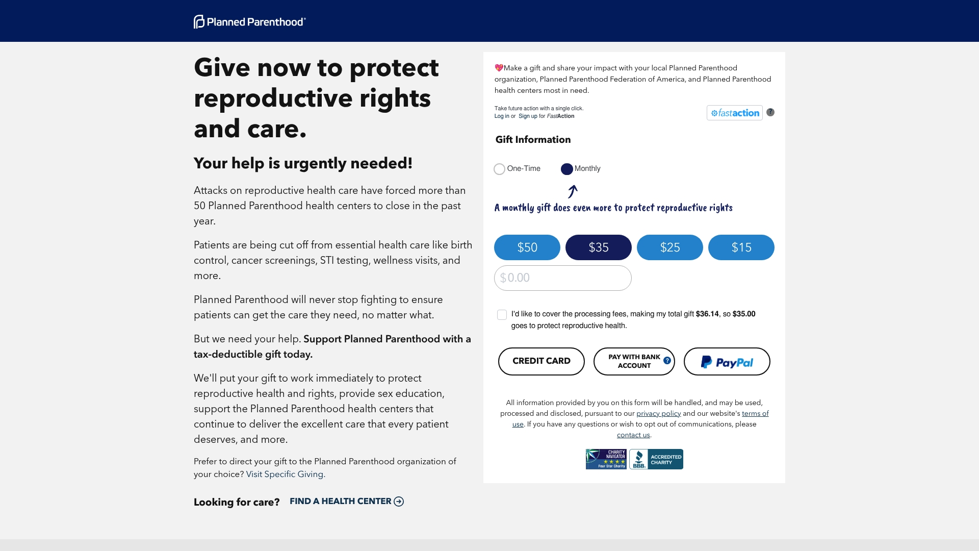 Planned Parenthood Federation of America sponsor landing page advertised on The Daily