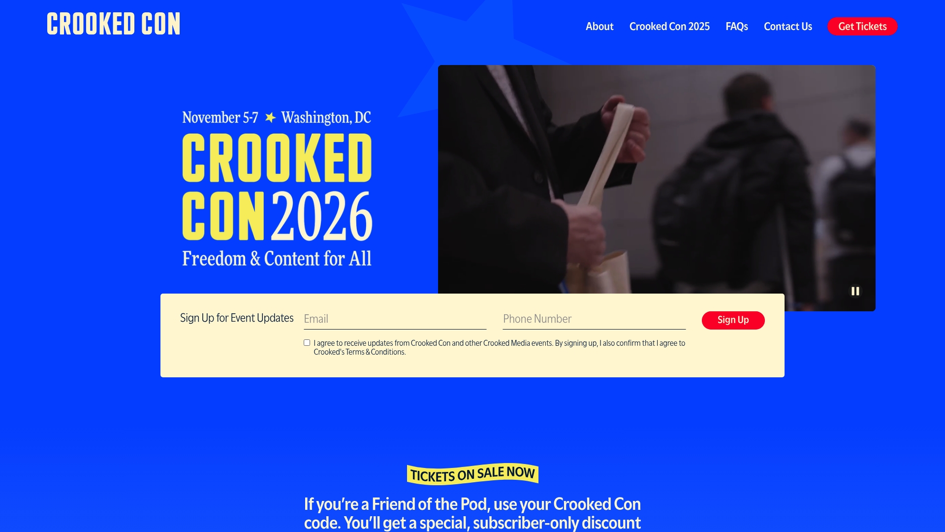 Crooked Con sponsor landing page advertised on Pod Save America