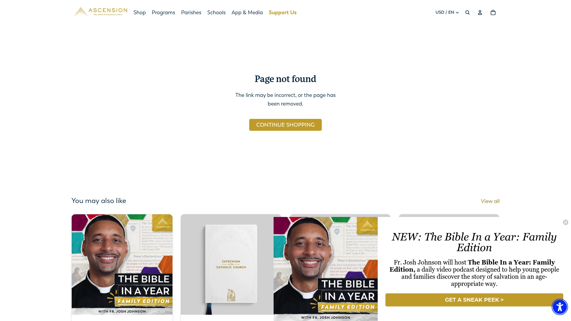 Ascension sponsor landing page advertised on The Bible in a Year (with Fr. Mike Schmitz)