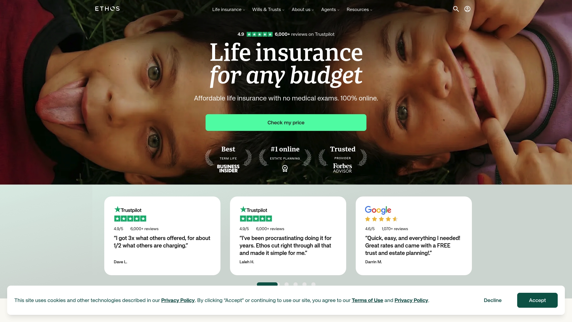 Ethos sponsor landing page advertised on The Ben Shapiro Show