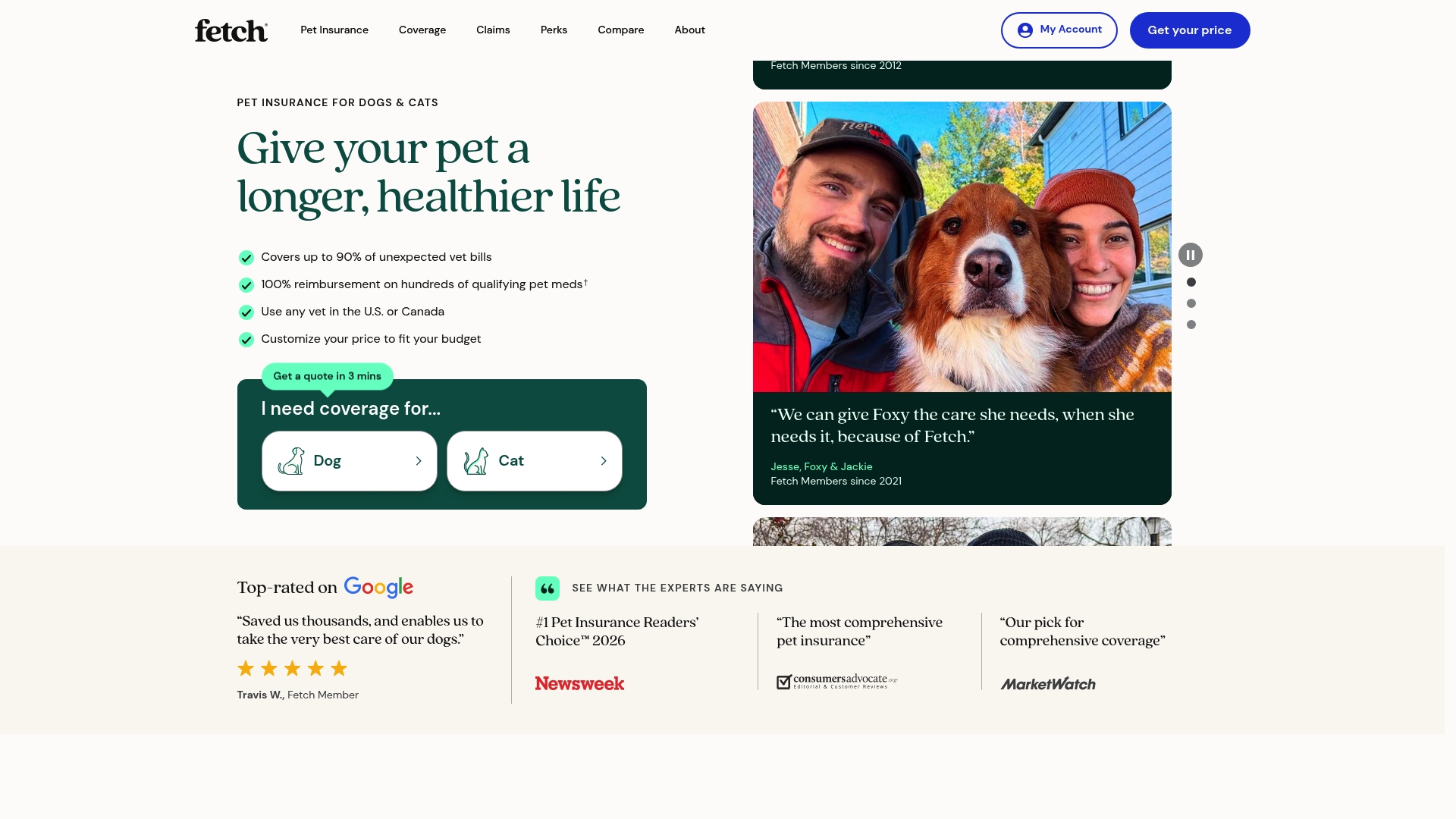 Fetch Pet Insurance sponsor landing page advertised on Today, Explained