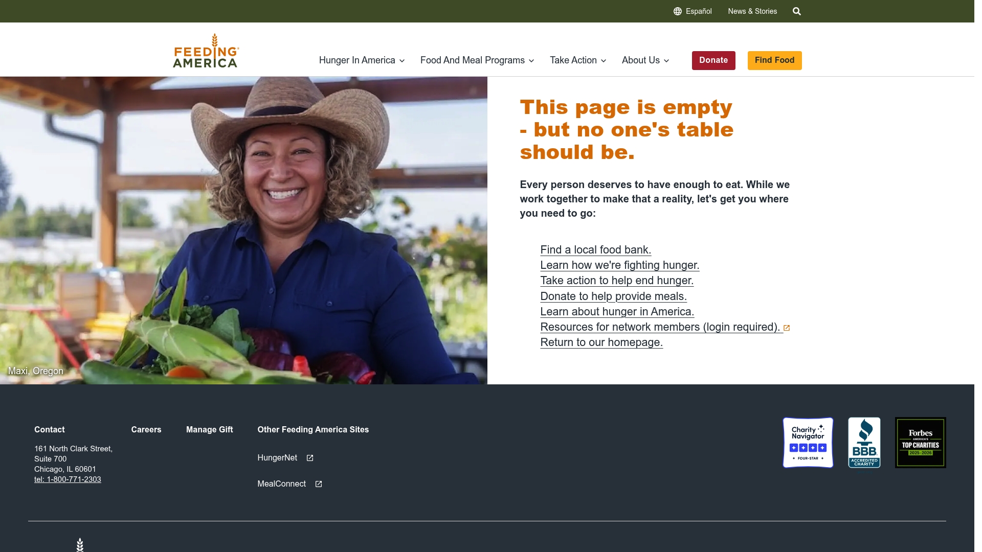 Feeding America sponsor landing page advertised on EXTRA ANORMAL