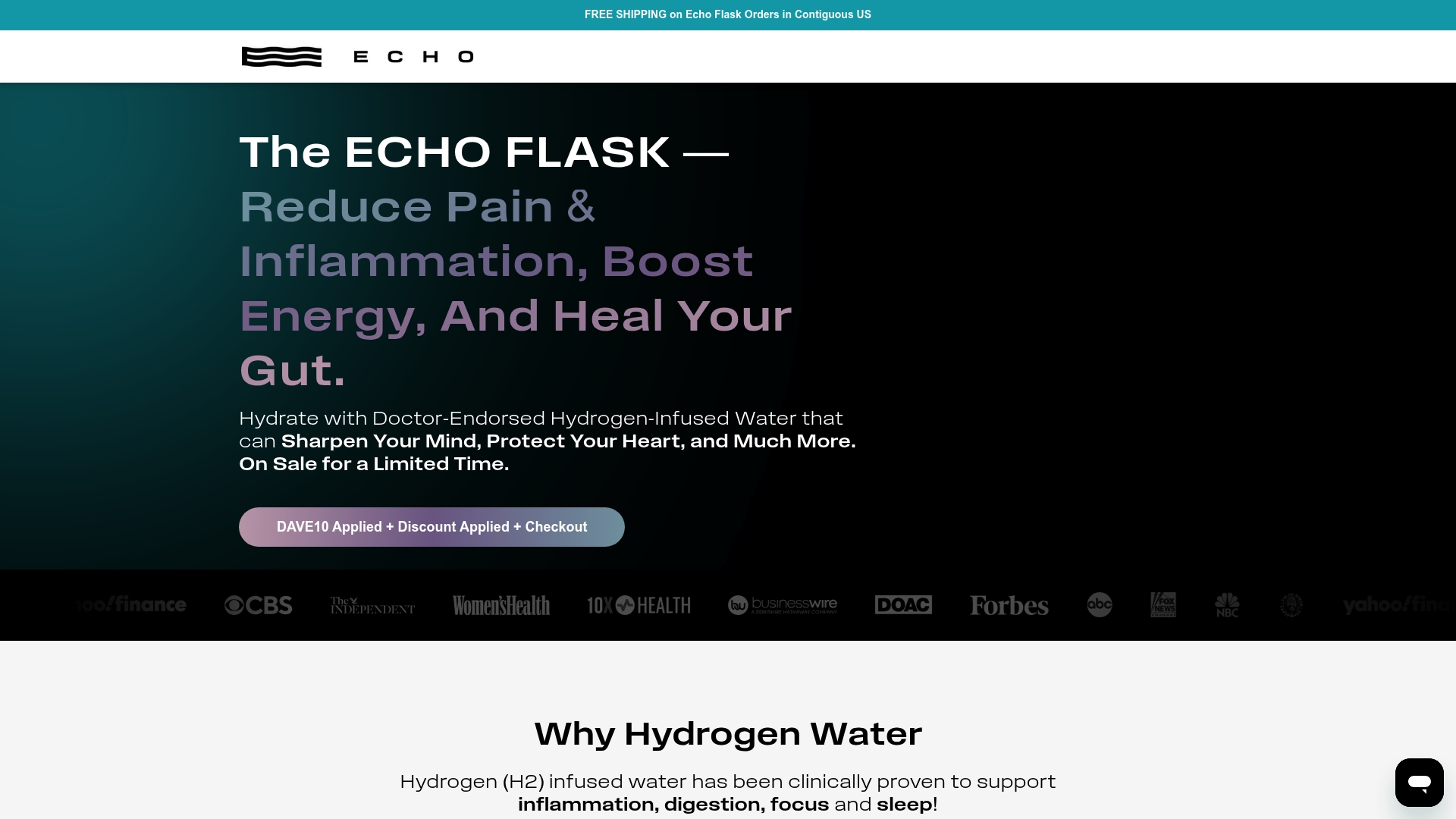 Echo Water sponsor landing page advertised on The Human Upgrade with Dave Asprey