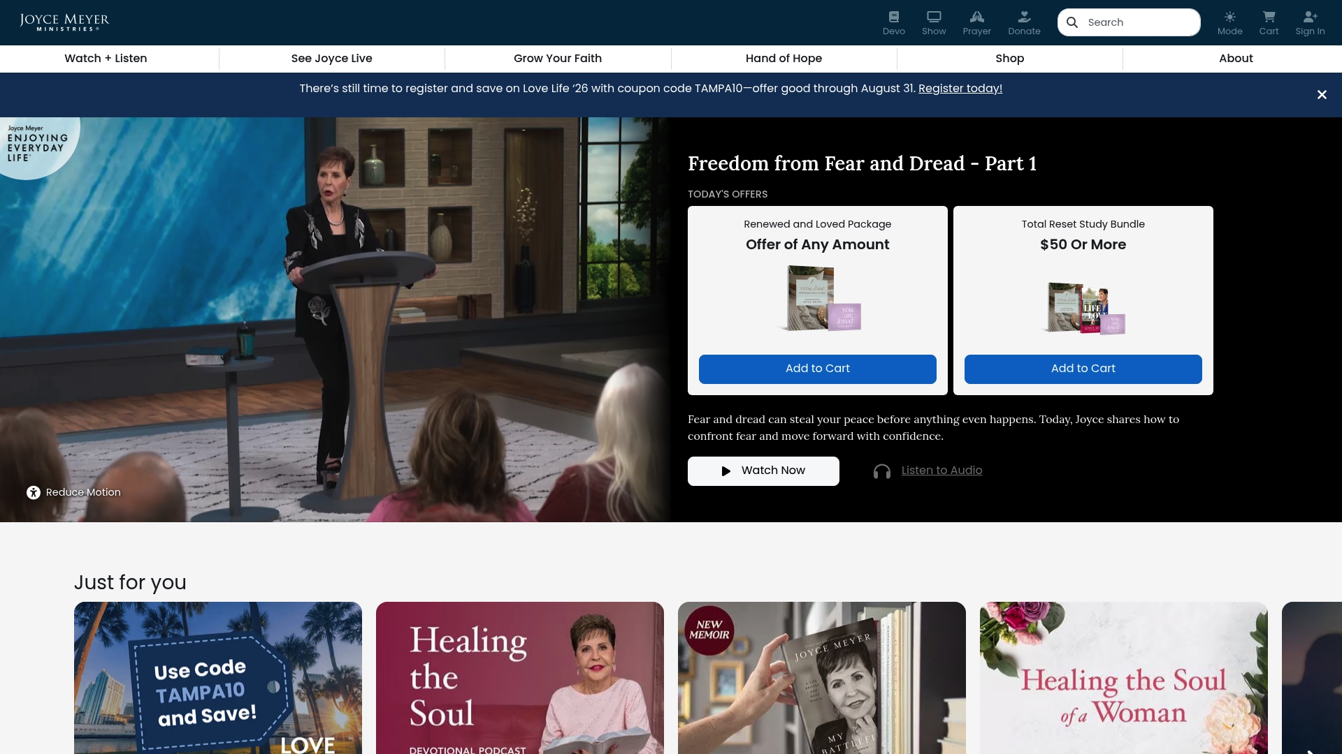 Joyce Meyer Ministries sponsor landing page advertised on Joyce Meyer Enjoying Everyday Life® Radio Podcast